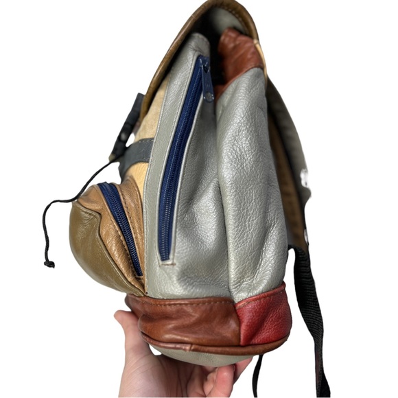 VTG 90's Gray Brown Cream Red Leather Mini Backpack with Zipper Straps - Picture 2 of 16